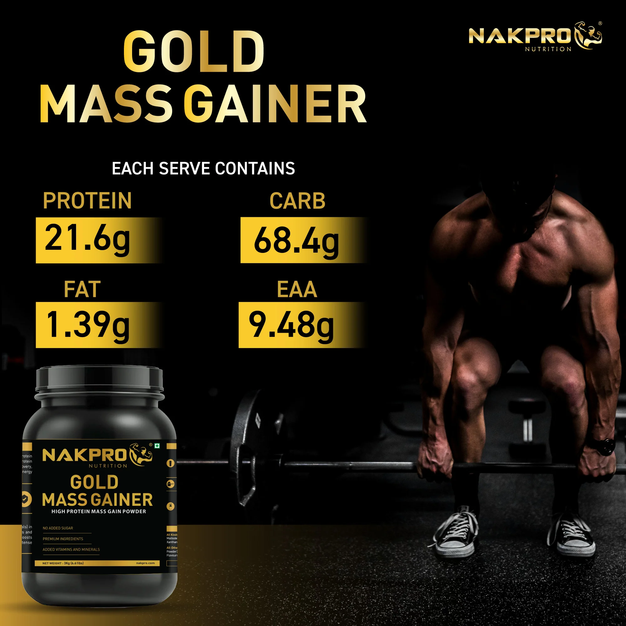 Nakpro Gold Mass Gainer | High Protein Mass Gainer | 68g Carbs | Added Vitamins & Minerals - Image 50