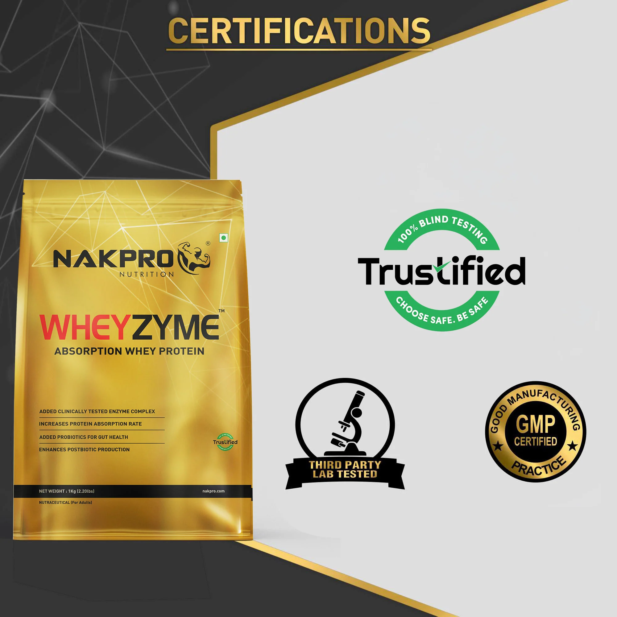 Nakpro Wheyzyme Absorption Whey Protein (Isolate & Concentrate) | 73g Protein | Added Probiotics | Trustified Certified - Image 54